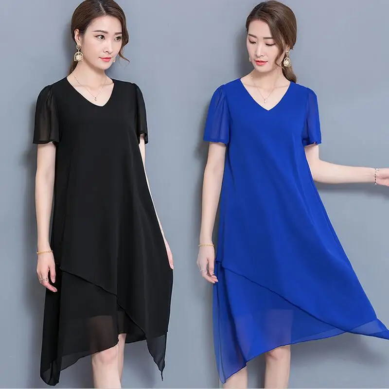 Новый дизайн асимметричное шифоновое платье с коротким рукавом женское
