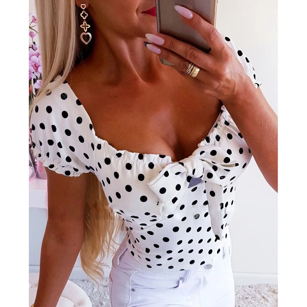 

2019 New Dot Women Casual Skinny Summer Short Sleeve Print Ladies Cotton Blend Blouse V Neck Tops