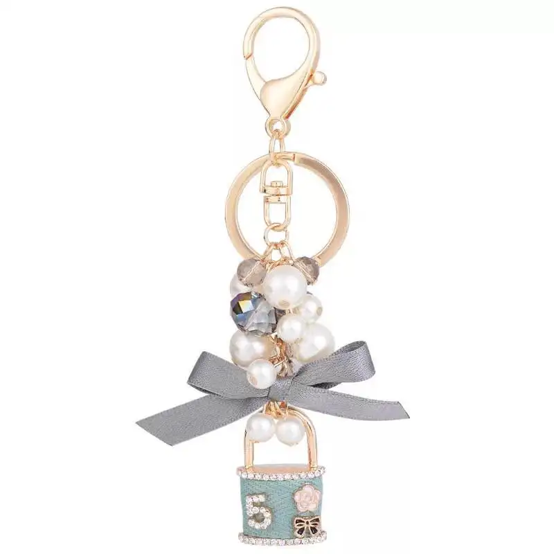 New pearl bow key chain personalized lock crystal ring car chains female bag pendant accessories keychain Дом и сад