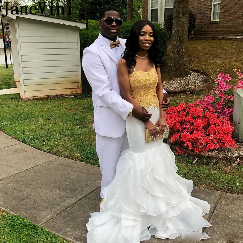 

JaneVini White And Gold Appliques Prom Dresses Black Girls Mermaid Long Evening Party Gowns Ruffle Skirt Vestidos Compridos 2019