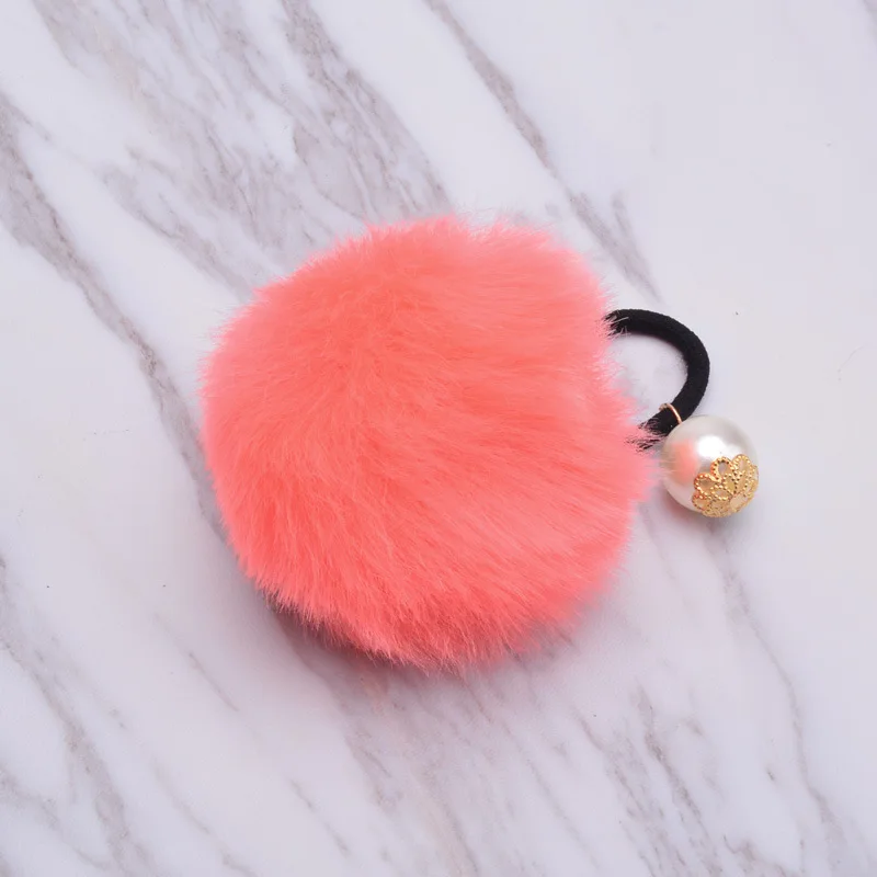 Orange Pink Милые эластичные резинки для волос с искусственным кроличьим мехом, перламутровые резинки для волос, держатели для конского хвоста, повязка на голову для девочек, женские аксессуары для волос - Цвет: Orange Pink