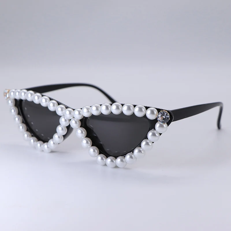 

Retro Vintage Narrow Cat Eye Sunglasses For Women Goggles Plastic Frame Pearl Cateye Sun Glasses With Rhinestone