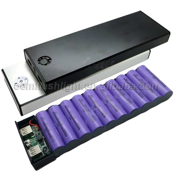 Внешний аккумулятор 10x18650 компоненты сделай сам с двойным USB выходом черный/ярко