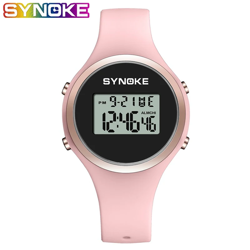 SYNOKE Women Sport Watch Pink Silicone Digital Candy Color Alarm Chronograph Multifunction Fashion Gril Wristwatch