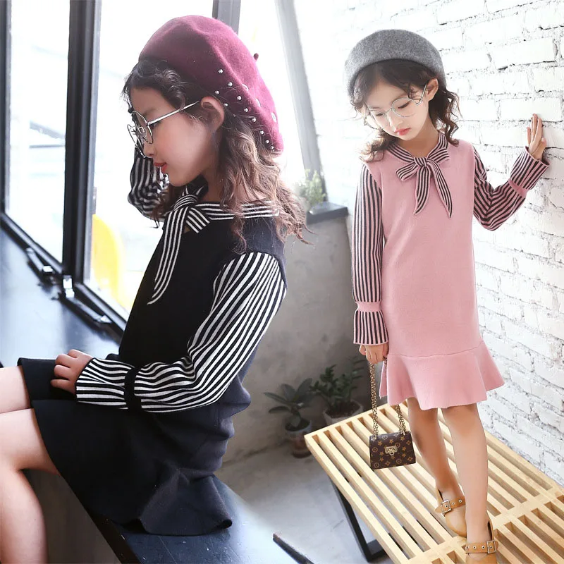 2018 New Spring Autumn Girl Sweater Dress Long Sleeve Knitted Kids Dresses For Girls Striped Casual 6 8 10 12 13 | Детская одежда и