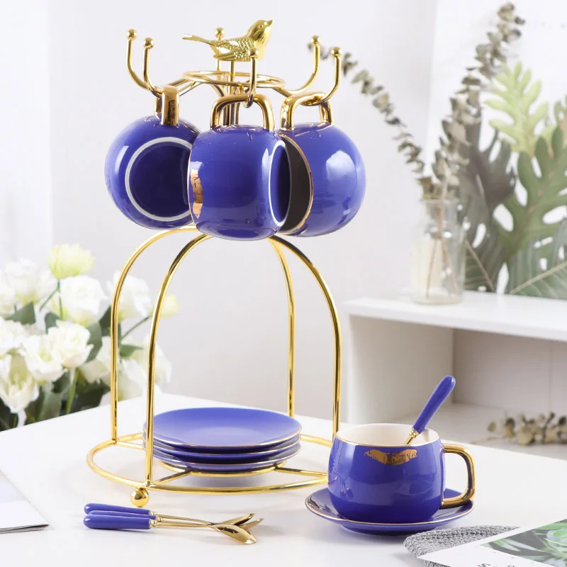 4-piece set Blue Модный набор кофейных чашек с принтом губ, фарфоровый набор чайных чашек из костяного фарфора, Набор чашек и блюдцев, чайные вечерние стаканы, свадебные подарки - Цвет: 4-piece set Blue