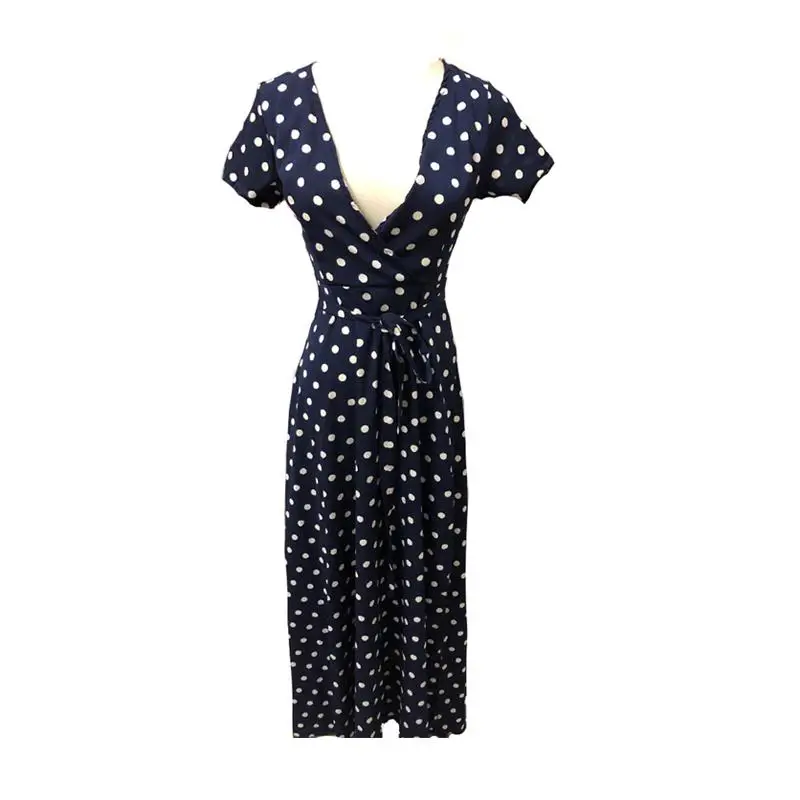 Летнее платье бохо длинное в горошек сексуальное пляжное с v образным вырезом