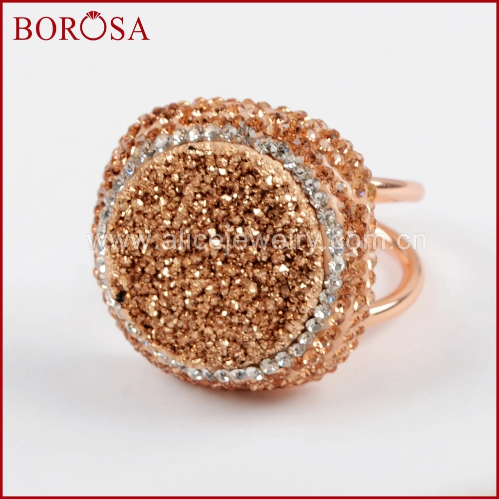 

BOROSA оптовая продажа 10 шт горный хрусталь проложить розовое золото Druzy кольцо Мода Drusy Ювелирные изделия Регулируемые кольца для женщин ювел...