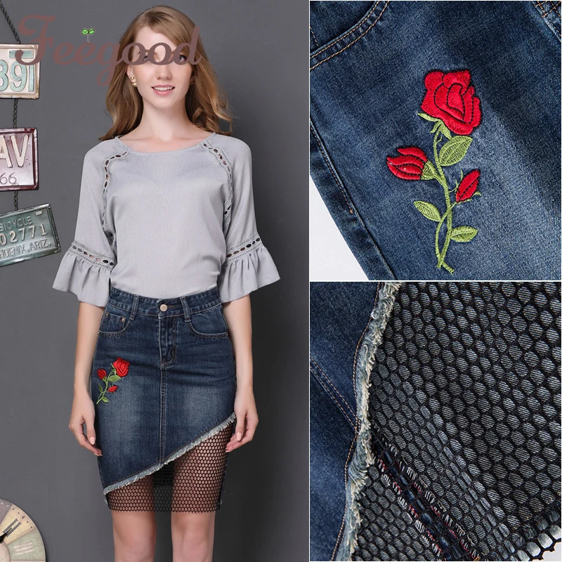 rose embroidered splicing denim skirt 2017 autumn fashion net package hip skirts large size needlework female GL1050 | Женская одежда