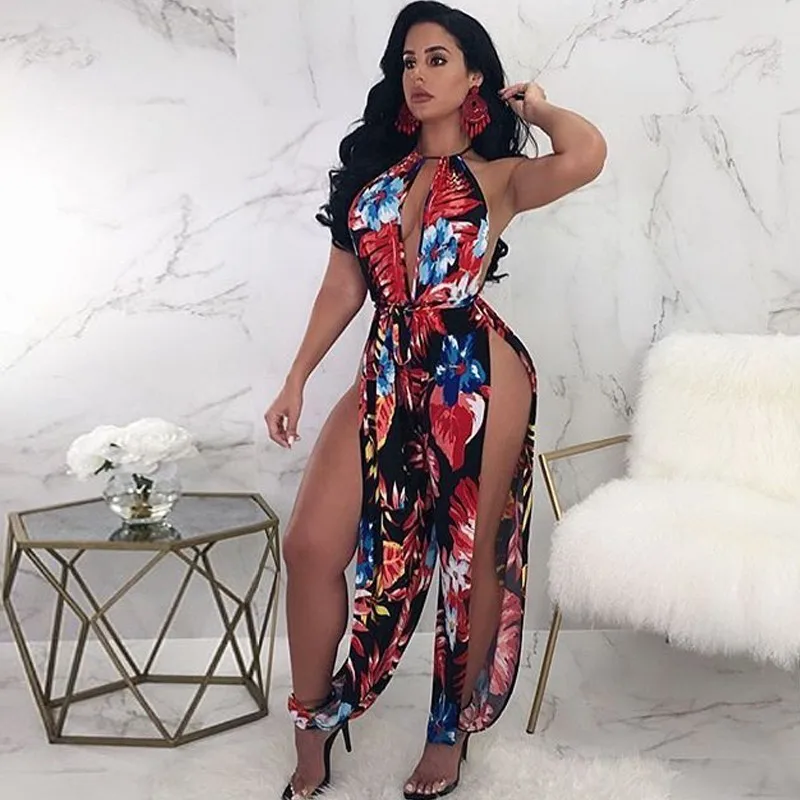 2018 нерегулярные печати комбинезон Для женщин Сексуальная Холтер спинки