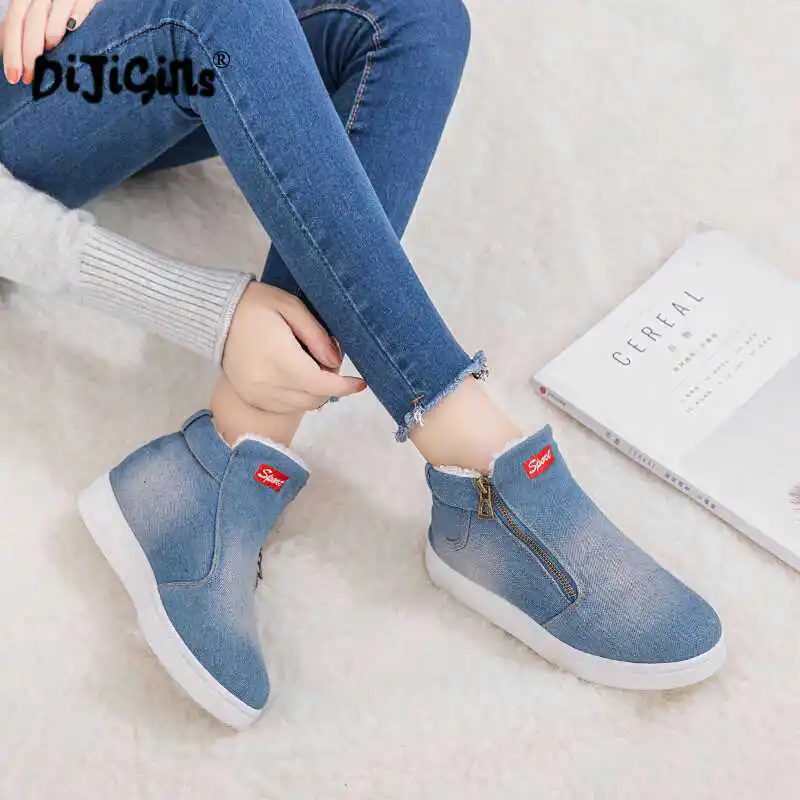 New Winter Shoes Women Denim Ankle Boots Classic Zipper Snow Warm Plush Thickening Flat for Zapatos Mujer Dropship | Обувь