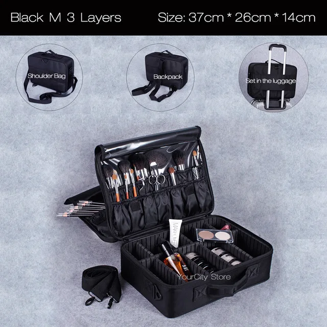 Black M 3 Layers Сумка для макияжа, коробка для макияжа, многослойная косметичка, водонепроницаемый, Оксфорд, профессиональный косметический Чехол, органайзер для макияжа, дорожные сумки для мытья - Цвет: Black M 3 Layers