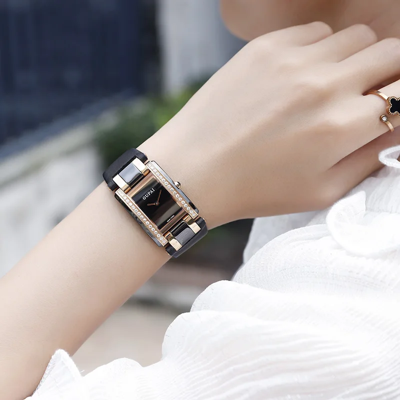 OUPAI Fashion Square Ceramic Women Watch Rectangle Sapphire Swiss move Watch Lady Water Resistance Diamond Fashion Watch Woman