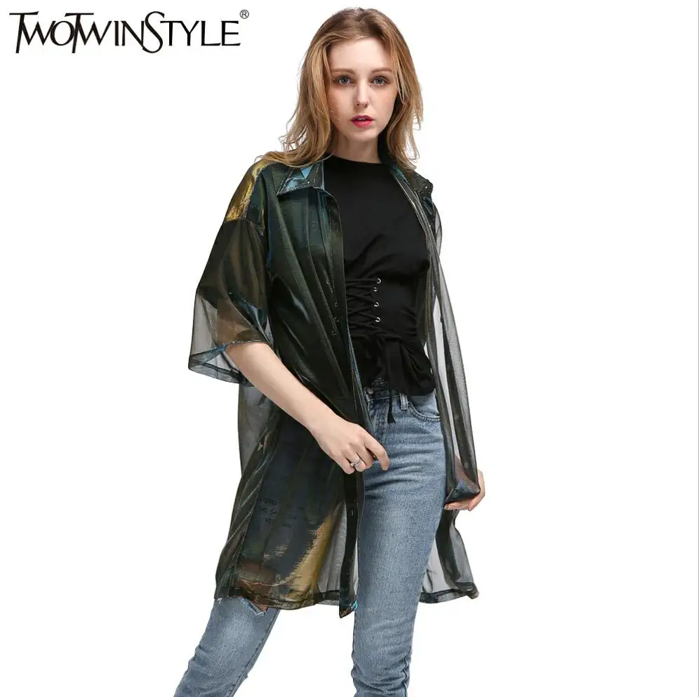Twotwinstyle Лето г. Для Женщин Половина рукава красочные прозрачные длинные футболки блузки больших размеров кардиган одежда Корейский Повседневное - Цвет: GOLD