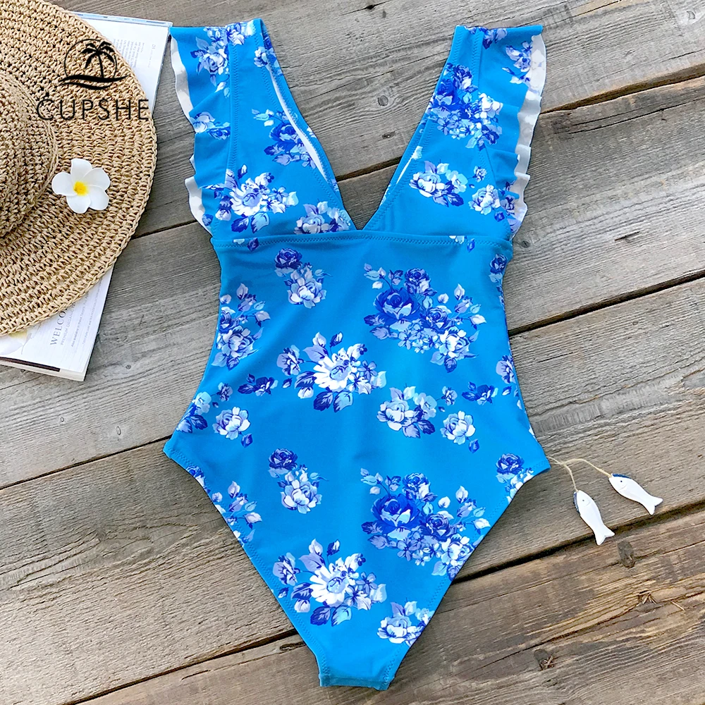 CUPSHE элегантный синий Цельный купальник с цветочным принтом женский v образным