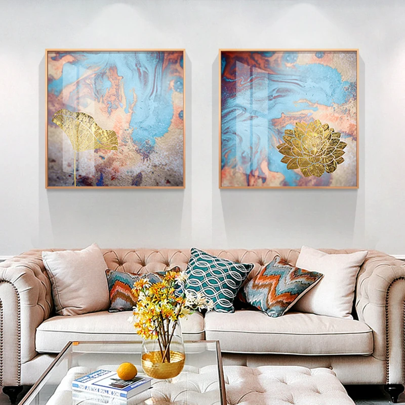 

Abstract Flowing Colored Flowers Canvas Painting Golden Lotus Posters and Prints Modern Wall Art Pictures for Living Room Decor