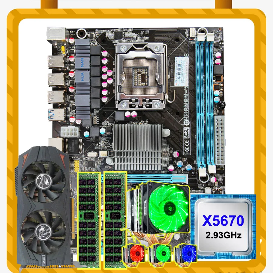 Материнская плата huanan Zhi комплект X58 LGA1366 материнская плата с процессором Xeon X5670 2,93 ГГц с кулером ОЗУ 2*8G RECC GTX760 2G видеокарта