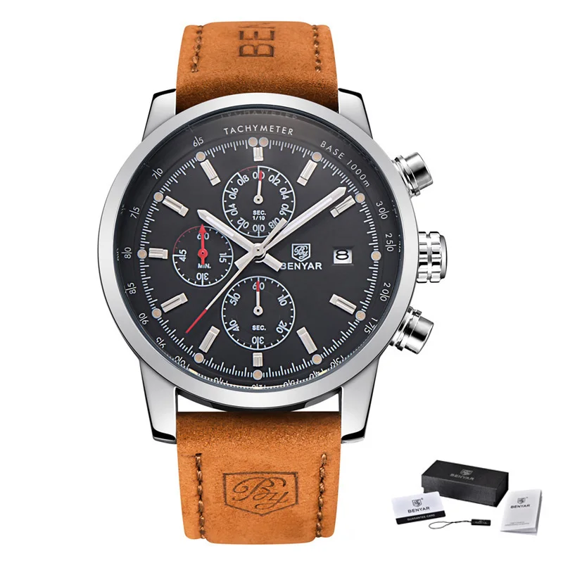 

BENYAR Top Brand Luxury Sport Mens Watches Fashion Male Clock Chronograph Waterproof Business Quartz Leather Wrist Watch Men