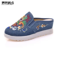 vintage women slippers spring summer slope chinese dragon embroidered casual sandals soft shoes woman chinelo feminino