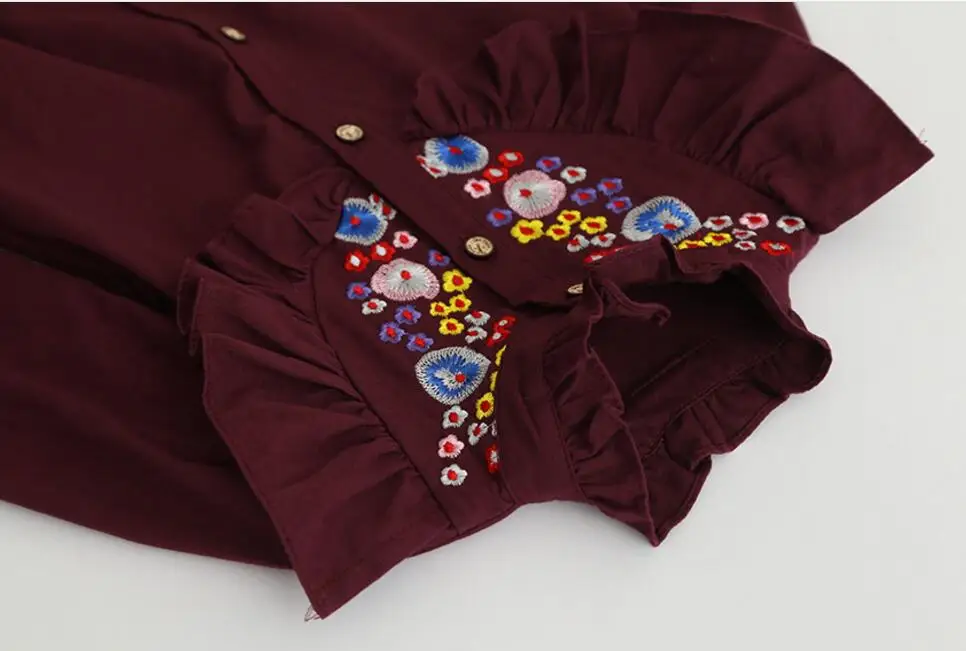 Новая осень хлопок Вышивка платья с длинным рукавом принцесса Обувь для девочек