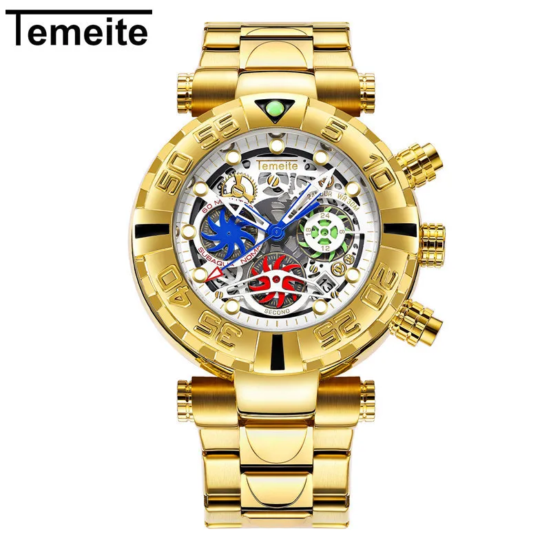 gold white TEMEITE Брендовые мужские наручные часы, кварцевые Многофункциональные мужские часы из нержавеющей стали, водонепроницаемые Роскошные золотые часы с хронографом, креативные часы - Цвет: gold white