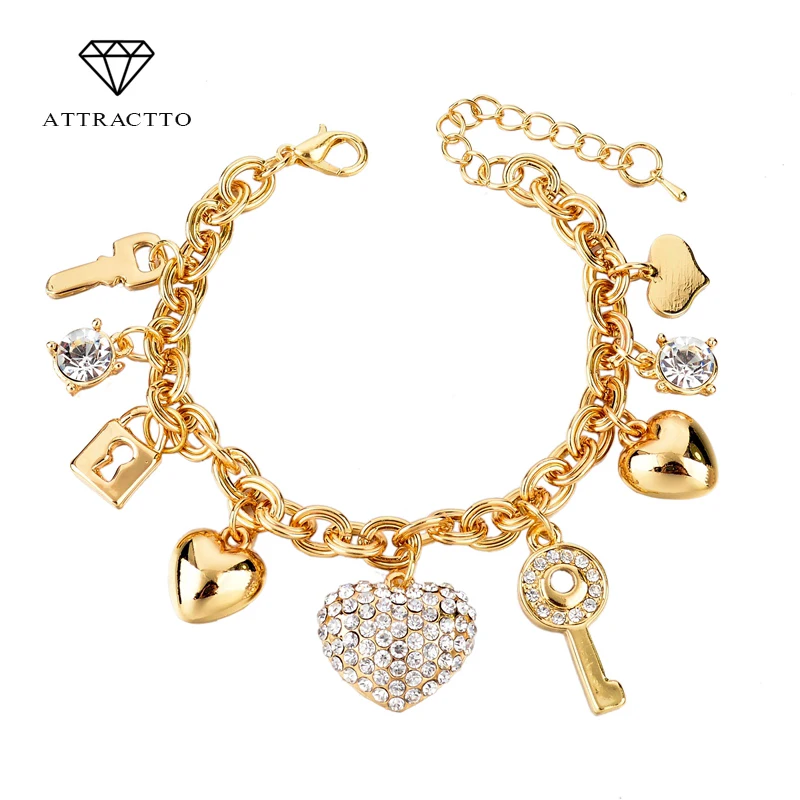 Женский браслет attrattto LOVE золотого цвета с сердечком и шармами SBR140221|bracelets for|heart charm