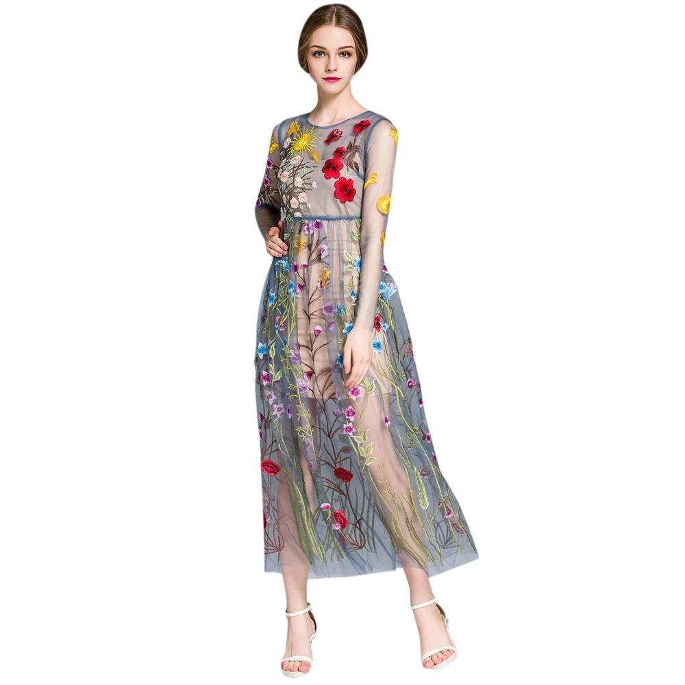 Цветочная вышивка женское летнее платье коктейльное с длинным рукавом на