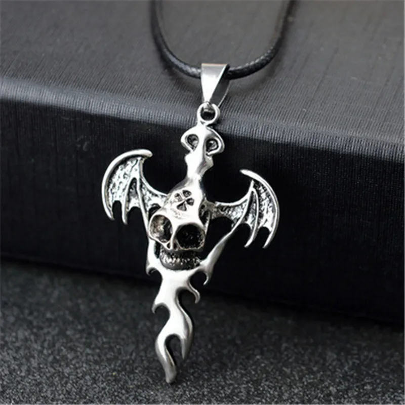 

2019 Flame Bat Cross Necklace Women Collier Crucifix Retro Skull Pendant Necklace Men Devil Rope Necklaces Pendants Jewelry