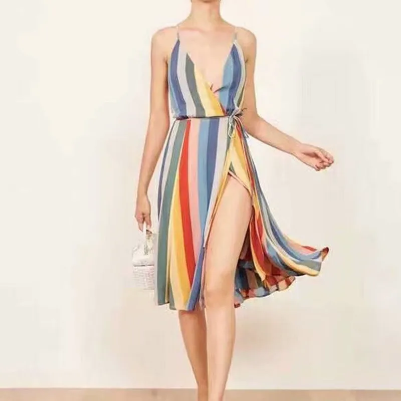Модные женские радужные цветные платья с v-образным вырезом и бретельками милые