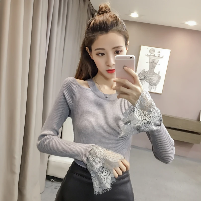 

new winter lace knit jacket sleeve women casual pullover sweater lace flare sleeve lady basic autumn clothes korean fashion