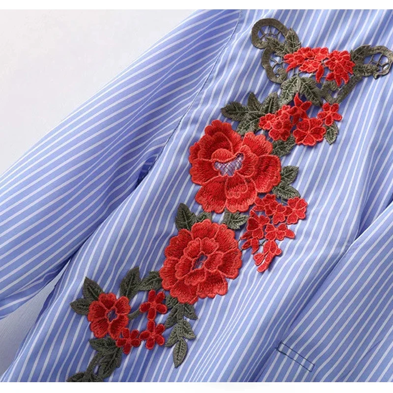 Женские синие блузки с цветочным принтом Повседневная полосатая блузка вышивкой