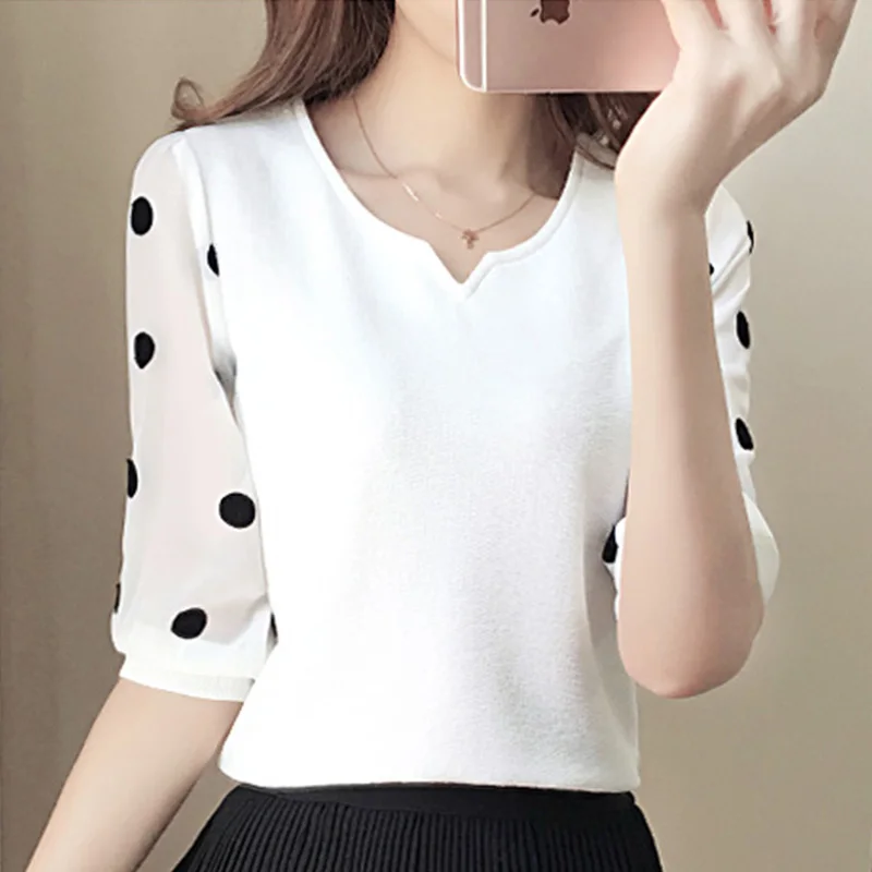 Женская шифоновая рубашка в горошек с V образным вырезом и полурукавом|Блузки| |