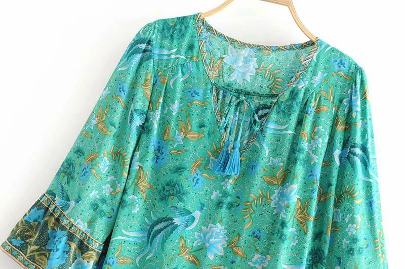 TEELYNN mini dresses for women flare sleeve Malachite green BOHO Dresses rayon ILONA Forest floral print summer Dresses vestido