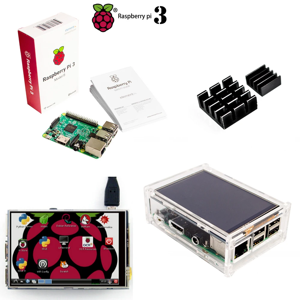 Raspberry Pi 3 Model B плата+ 3,5 TFT Raspberry Pi3 ЖК-дисплей с сенсорным экраном+ акриловый чехол+ радиаторы для Raspberry Pi 3 комплект