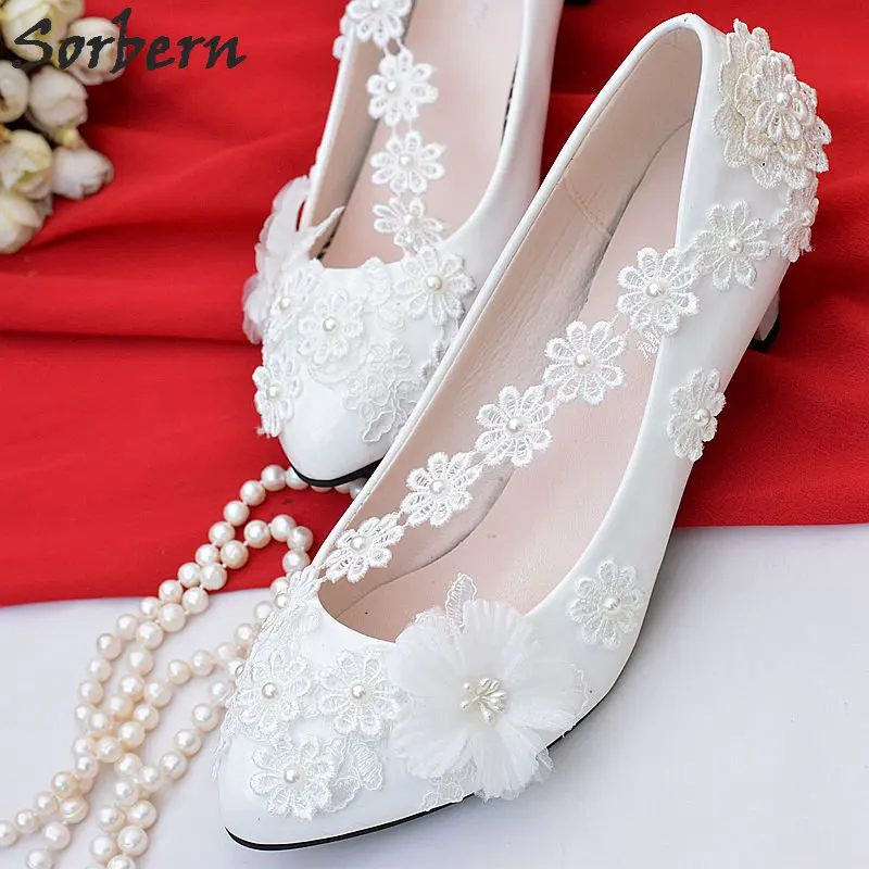 

Sorbern Chic White Shoes For Bridesmaid Girls Woman Low Heel Slip On Wedding Shoes Bridal Party Shoes Lace Appliques Beads Cheap