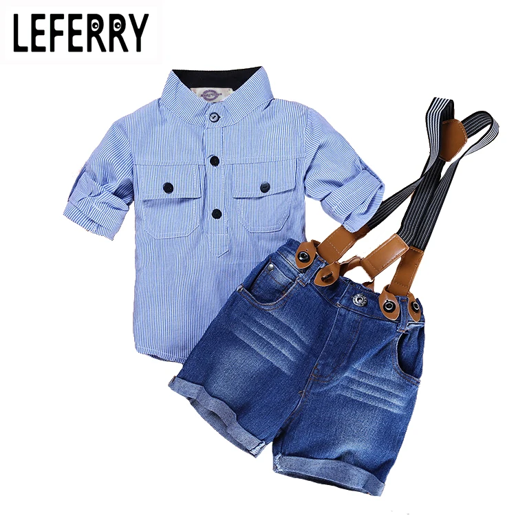 Модный детский комплект одежды для мальчиков рубашка в полоску + джинсовые шорты