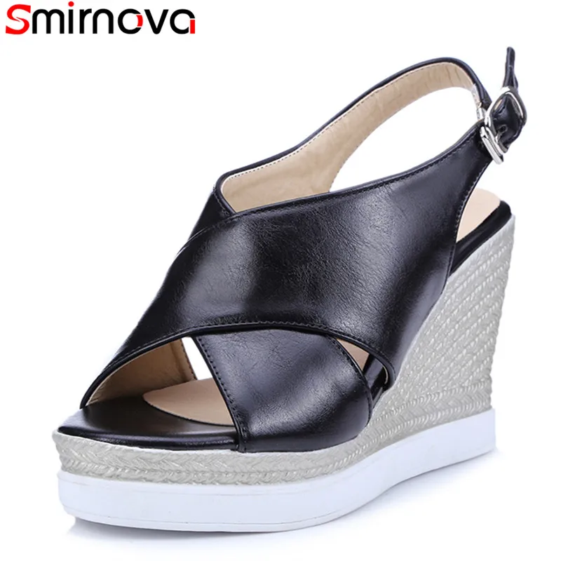 Женские босоножки на платформе Smirnova черные белые вечерние танкетке с ремешком
