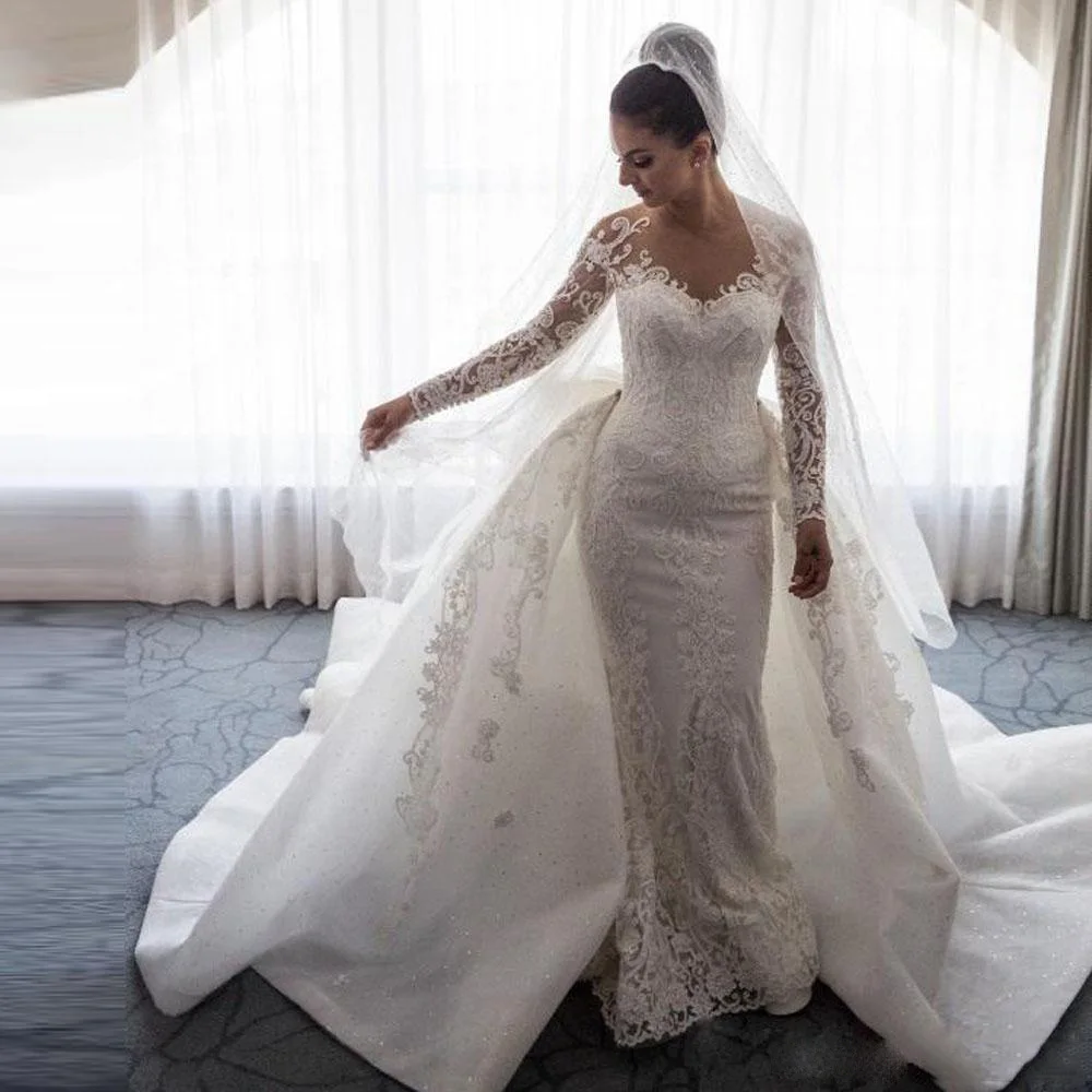 BRITNRY 2019 Luxury O Neck Long Sleeve Detachable Train Muslim Mermaid Wedding Dresses 2 in 1