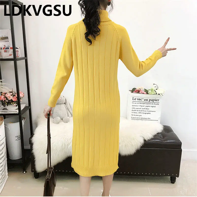 Lazy Wind Long Pullover Sweater Female 2020 New Autumn Winter Solid Color Turtleneck Loose Wild Women Knit Dress Is1376 | Женская одежда