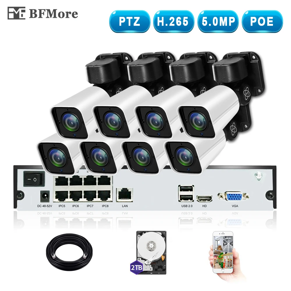 BFMore 8CH H.265 PTZ 5.0MP POE 4X Zoom NVR Kit CCTV система IP камера для наружного видеонаблюдения