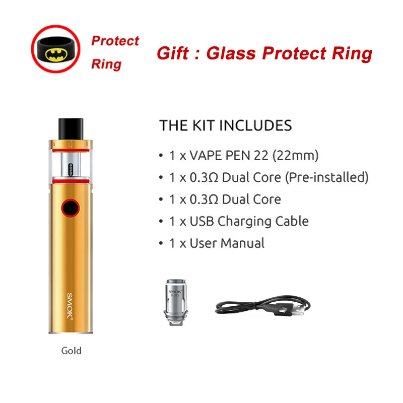 Smok Vape ручка 22 комплект со встроенным аккумулятором 1650 мАч и вейп ручка 22 бак электронная сигарета стартовал комплект - Цвет: Золотой