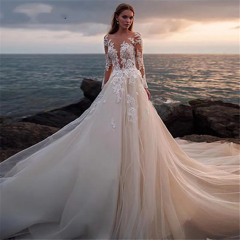 

Long Sleeve Sweetheart Wedding Dresses 2021 Lace Appliques Sweep Train Wedding Gowns Vestido de Noiva Longo Custom Made