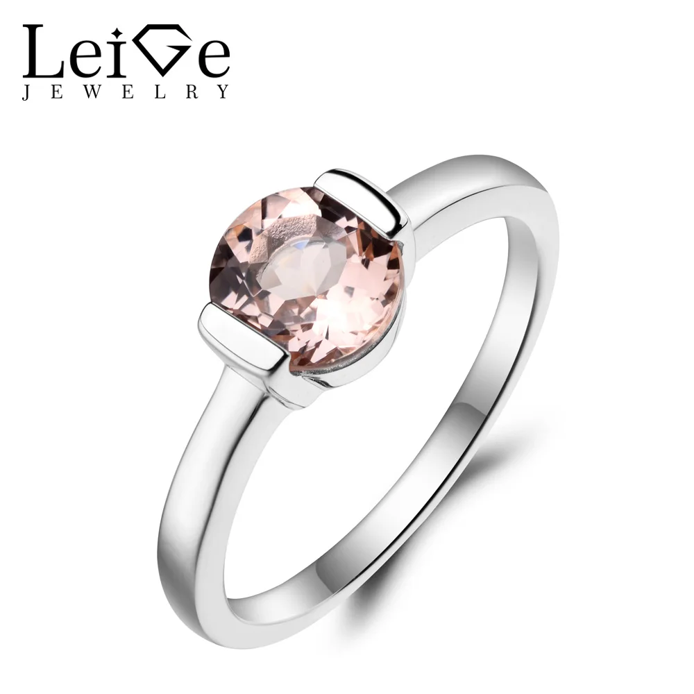 

Leige Jewelry Natural Pink Morganite Ring Anniversary Ring Round Cut Pink Gemstone 925 Sterling Silver Solitaire Ring Gifts