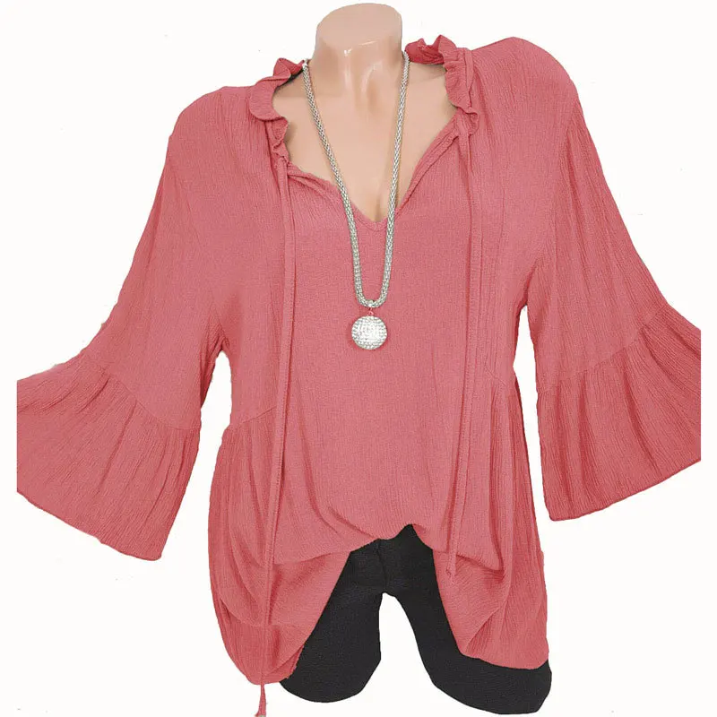 Large size women's shirt 2019 autumn Blouse solid color lotus leaf collar seven-point sleeve black 4XL 5XL |