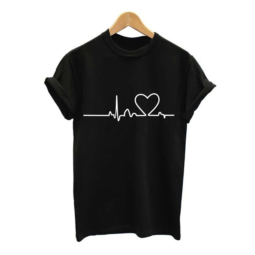 xtblack Женские футболки с принтом lover Harajuku, Летние черные повседневные футболки с круглым вырезом и сердцебиением, женские футболки, женская одежда - Цвет: xtblack