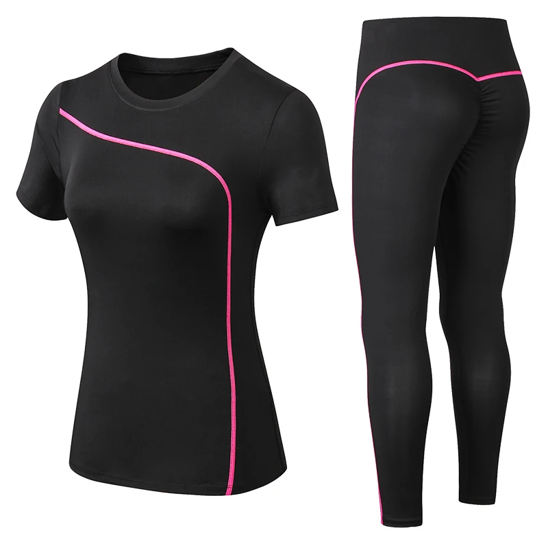 NB92201-92301Pink Новые женские спортивные комплекты из 2 предметов, комплект для йоги, одежда для спортзала, футболка для тенниса и йоги+ бесшовные леггинсы, спортивный костюм для тренировок, одежда для активного отдыха - Цвет: NB92201-92301Pink