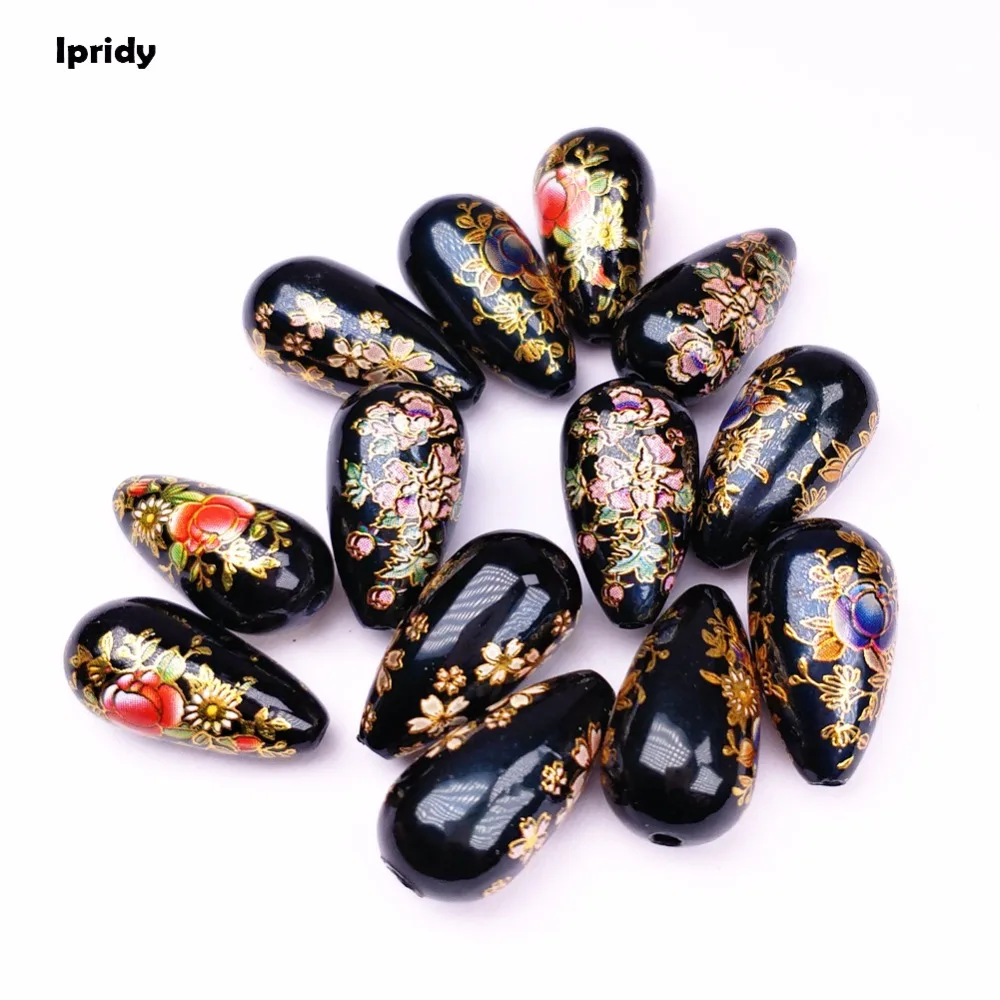

5 Pcs/lot 11x22mm Black Resin Teardrop with Japan Painting Vintage, Drop by Hand-painted fit Earrings Necklace jewelry