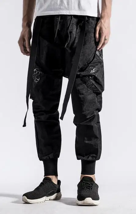 Мужские свободные шаровары черные брюки-карго с большими карманами корейская