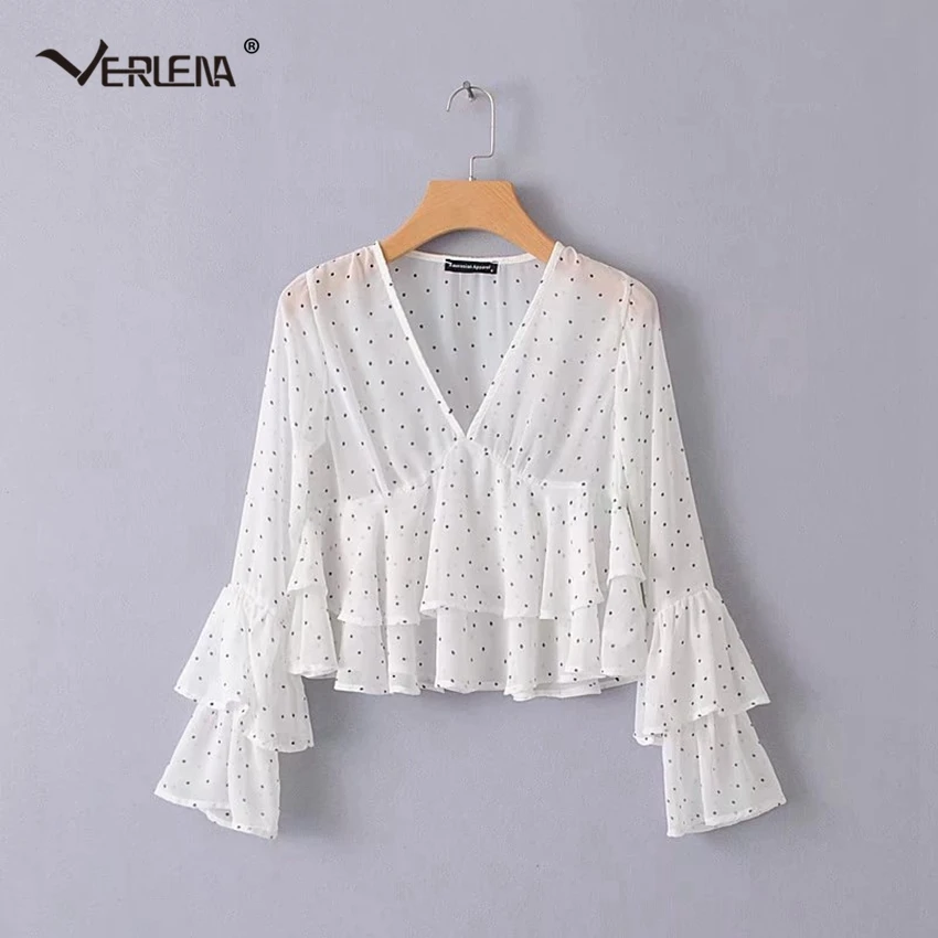 Verlena 2018 шифоновая блузка в горошек двухслойная белая рубашка с длинными рукавами
