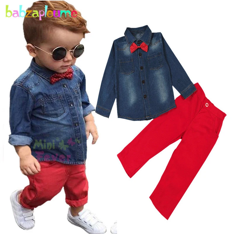 2PCS/3-8Years/2017 Spring Autumn Baby Boys Suits Toddler Clothes Casual Denim Shirt+Red Pants+Tie Children Clothing Sets BC1398 |